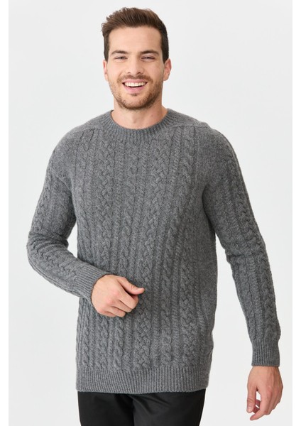 Erkek Sıfır Yaka Saç Örgülü Yün Kazak Füme