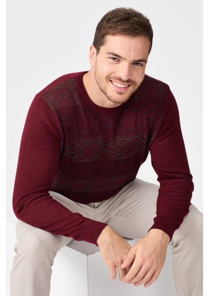 Erkek Önü Desenli Yün Kazak 2611 Bordo