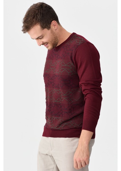 Erkek Önü Desenli Yün Kazak 2611 Bordo
