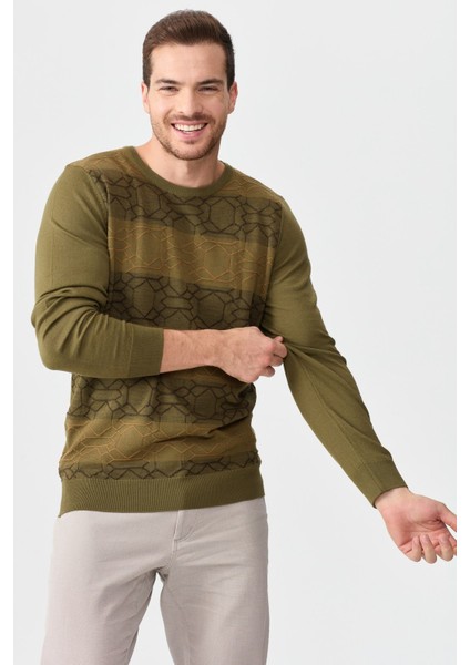 Erkek Önü Desenli Yün Kazak 2611 Haki