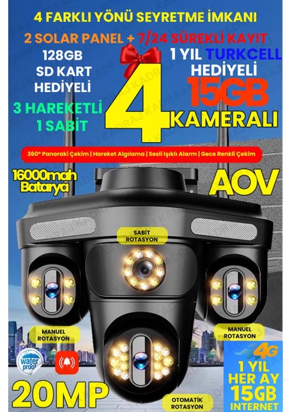 4 Kameraları 4g - Esim Solar Panelli, Her Ay 15GB Turkcell 1 Yıl Hediyeli, 7/24 Kayıt Aov, Hareket Algılama, 128GB Sd Kart Hediye, Alarm,