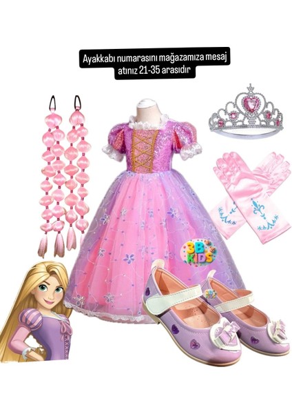 Rapunzel Kostüm Elbise Rapunzel Pembe Bubble Saç-Taç-Eldiven Mor Babet Set Doğum Günü Parti
