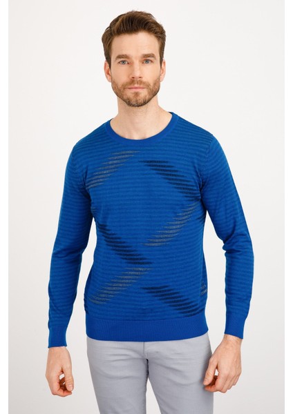 Erkek Renkli Dalga Desenli Sıfır Yaka Ince Triko Kazak Saks