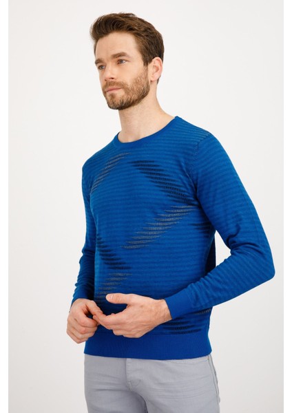 Erkek Renkli Dalga Desenli Sıfır Yaka Ince Triko Kazak Saks