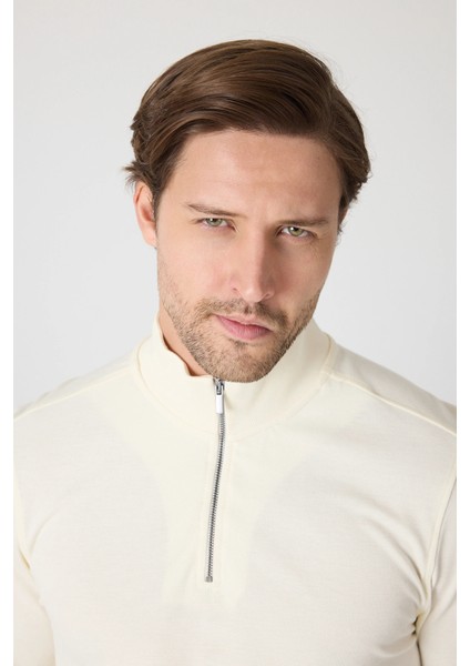 Erkek Dik Yaka Fermuarlı Sweatshirt - Ekru fiyatları