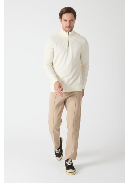Erkek Dik Yaka Fermuarlı Sweatshirt - Ekru modelleri