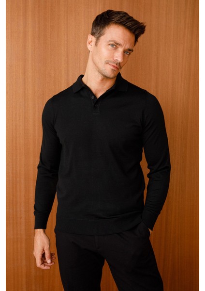 Erkek Basic Polo Yaka Ince Triko Kazak Siyah