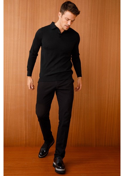 Erkek Basic Polo Yaka Ince Triko Kazak Siyah