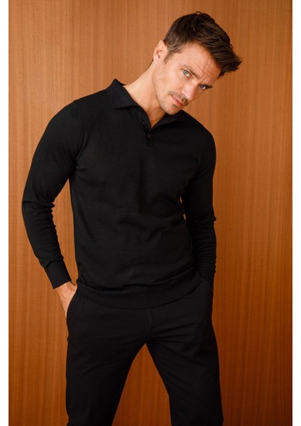 Erkek Basic Polo Yaka Ince Triko Kazak Siyah