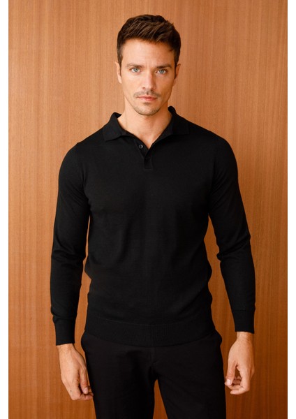 Erkek Basic Polo Yaka Ince Triko Kazak Siyah