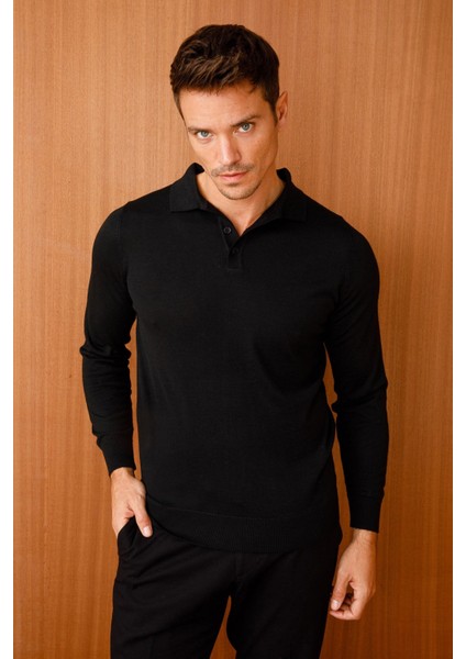 Erkek Basic Polo Yaka Ince Triko Kazak Siyah