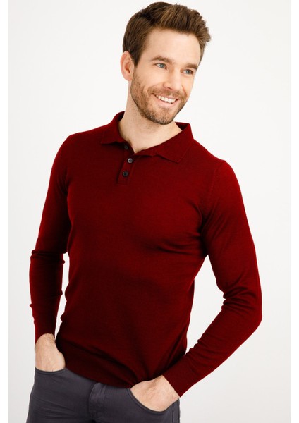Erkek Basic Polo Yaka Ince Triko Kazak Bordo modelleri