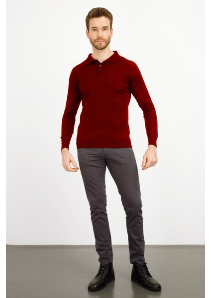 Erkek Basic Polo Yaka Ince Triko Kazak Bordo fırsatları