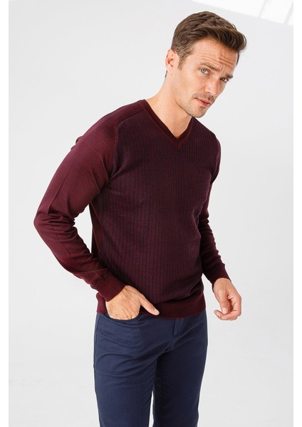 Erkek Önü Çizgili V Yaka Triko Kazak Bordo