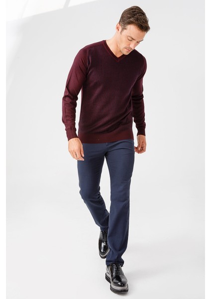 Erkek Önü Çizgili V Yaka Triko Kazak Bordo indirimleri