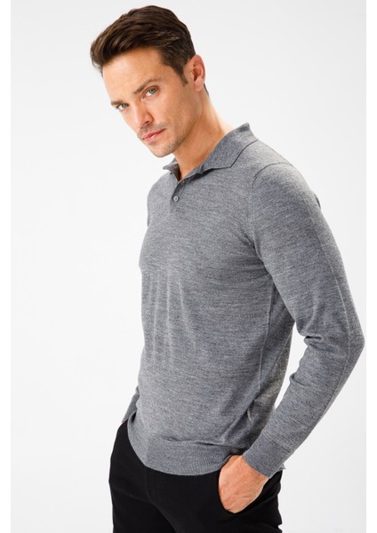 Erkek Basic Polo Yaka Ince Triko Kazak Füme fiyatları