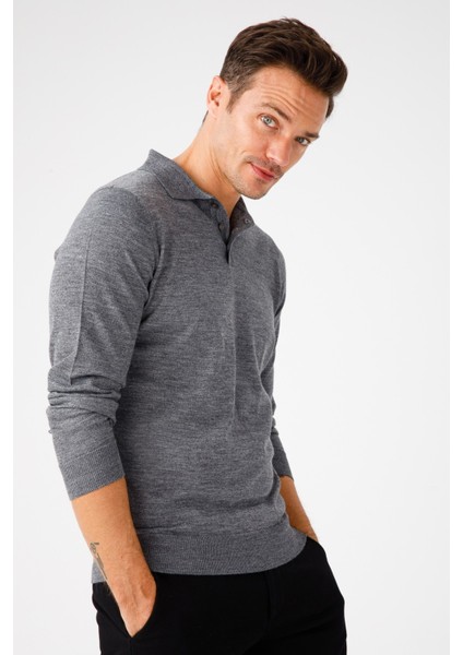 Erkek Basic Polo Yaka Ince Triko Kazak Füme modelleri