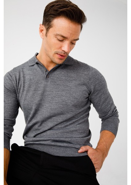 Erkek Basic Polo Yaka Ince Triko Kazak Füme indirimleri