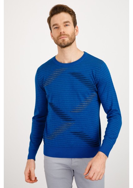 Erkek Renkli Dalga Desenli Sıfır Yaka Ince Triko Kazak Saks indirimleri