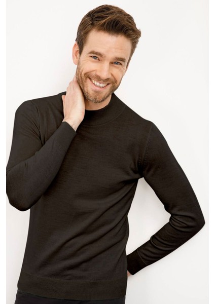 Erkek Basic Yarım Balıkçı Ince Triko Kazak Siyah