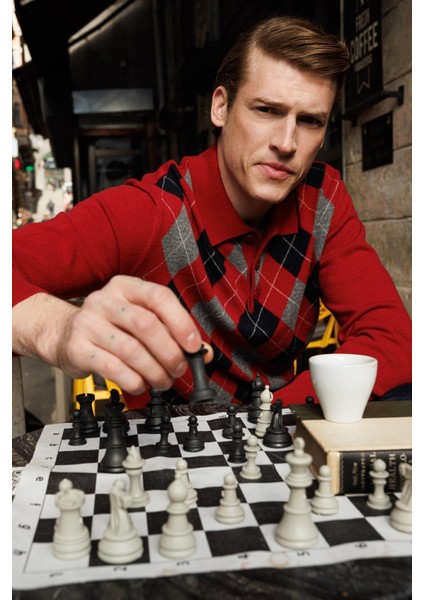 Erkek Polo Yaka Önü Baklava Desenli Yün Kazak K.kırmızı