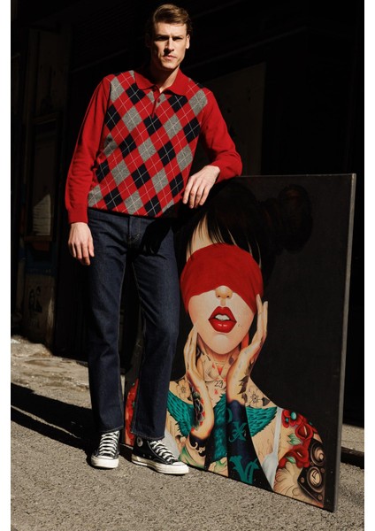 Erkek Polo Yaka Önü Baklava Desenli Yün Kazak K.kırmızı