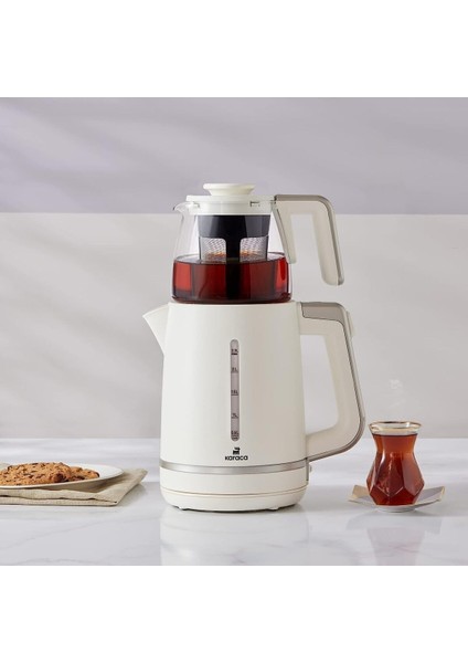 Geniş Kapasiteli Cam Demlikli Çay Makinesi ve Kettle, Gri Renk