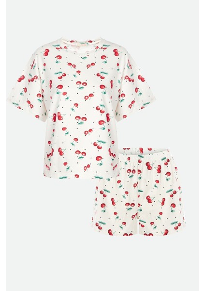 Kadın Kiraz Desenli Kısa Kollu Şortlu Pijama Takımı fırsatları