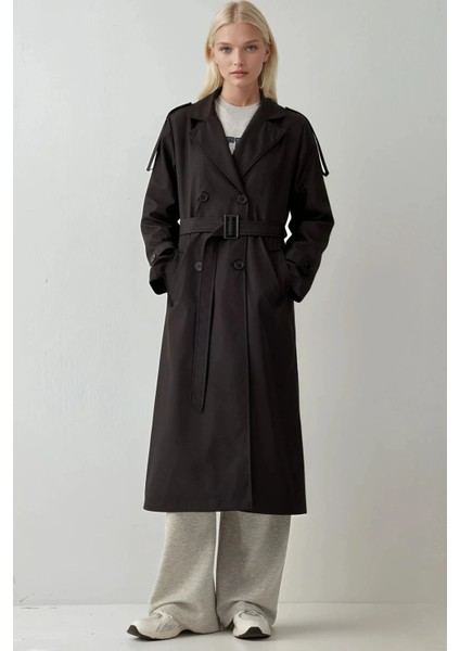 Kadın BDART Kruvaze Yaka Uzun Trençkot Siyah