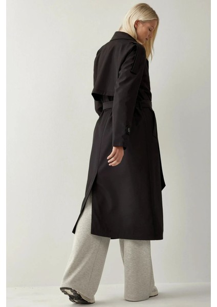 Kadın BDART Kruvaze Yaka Uzun Trençkot Siyah