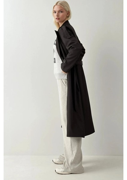 Kadın BDART Kruvaze Yaka Uzun Trençkot Siyah