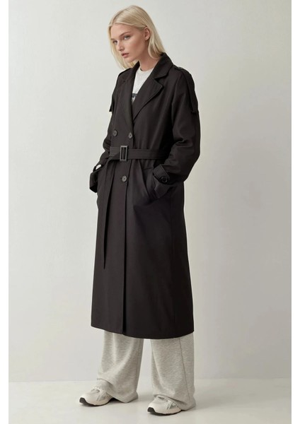Kadın BDART Kruvaze Yaka Uzun Trençkot Siyah