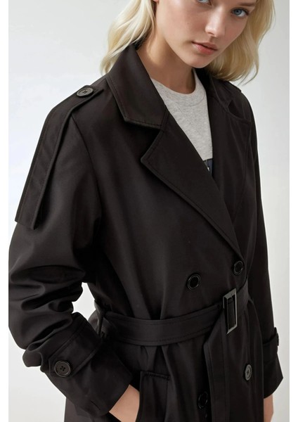 Kadın BDART Kruvaze Yaka Uzun Trençkot Siyah