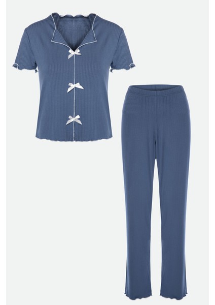 Kadın Kısa Kollu Fiyonklu Fitilli Pijama Takımı