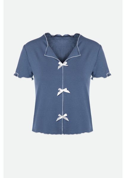 Kadın Kısa Kollu Fiyonklu Fitilli Pijama Takımı