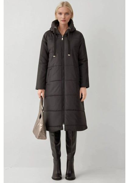 Kadın BDART Kapüşonlu Uzun Şişme Mont Black