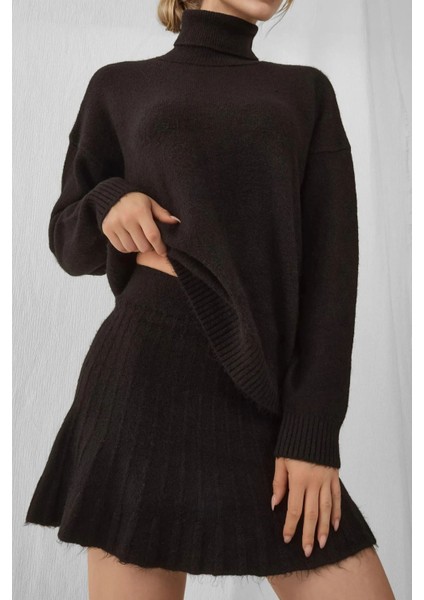 Kadın BDART Dokulu Oversize Yüksek Yaka Örme Takım Siyah