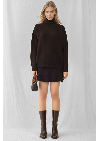 Kadın BDART Dokulu Oversize Yüksek Yaka Örme Takım Siyah