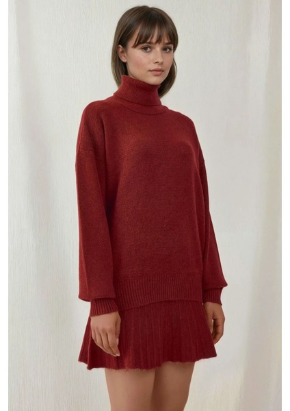 Kadın BDART Dokulu Oversize Yüksek Yaka Örme Takım Kırmızı