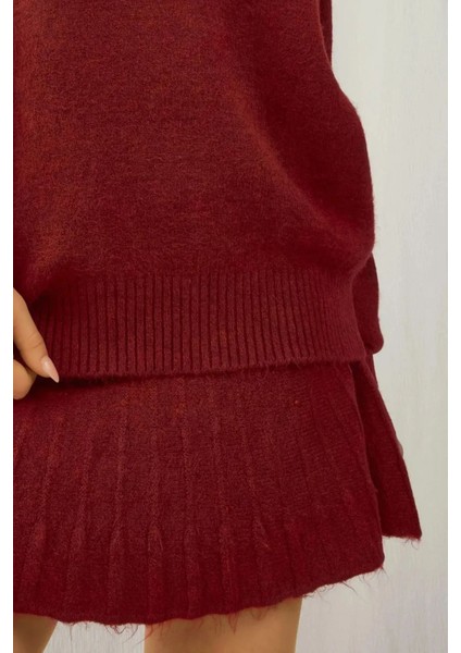 Kadın BDART Dokulu Oversize Yüksek Yaka Örme Takım Kırmızı