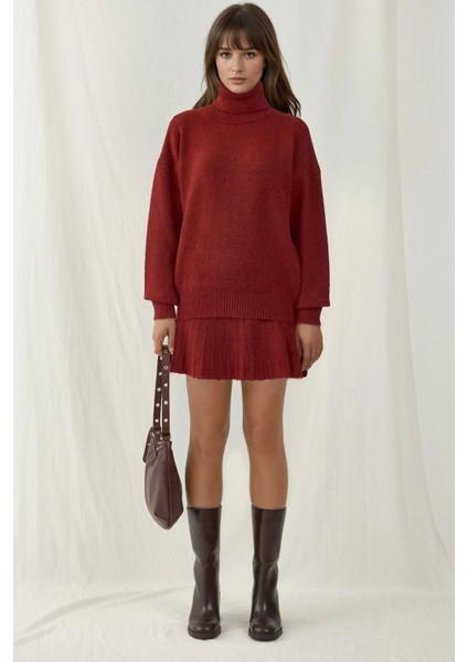 Kadın BDART Dokulu Oversize Yüksek Yaka Örme Takım Kırmızı