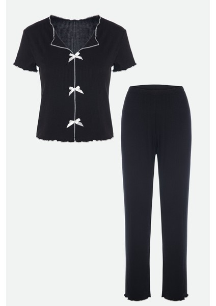 Kadın Kısa Kollu Fiyonklu Fitilli Pijama Takımı