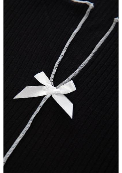 Kadın Kısa Kollu Fiyonklu Fitilli Pijama Takımı