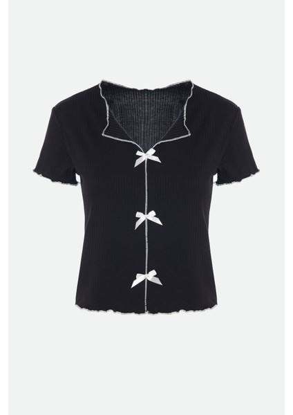 Kadın Kısa Kollu Fiyonklu Fitilli Pijama Takımı