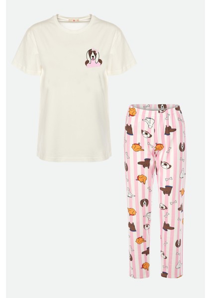 Kadın Kısa Kollu Pamuklu Desenli Pijama Takımı