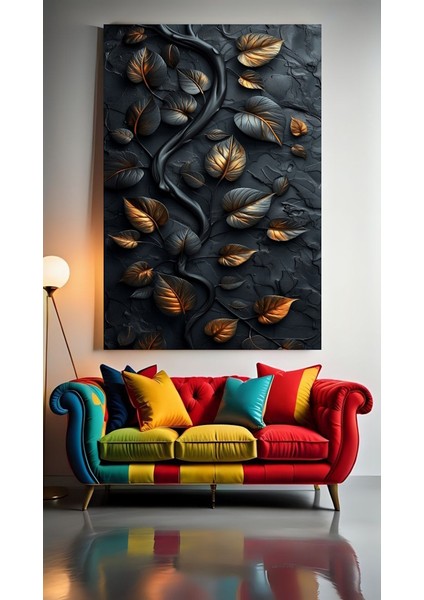 Siyah ve Altın Rengi Tonlarda Çiçekler V3 Ev Duvar Salon Güzellik Salonu Ofis Dükkan Dekarasyon Kanvas Tablo