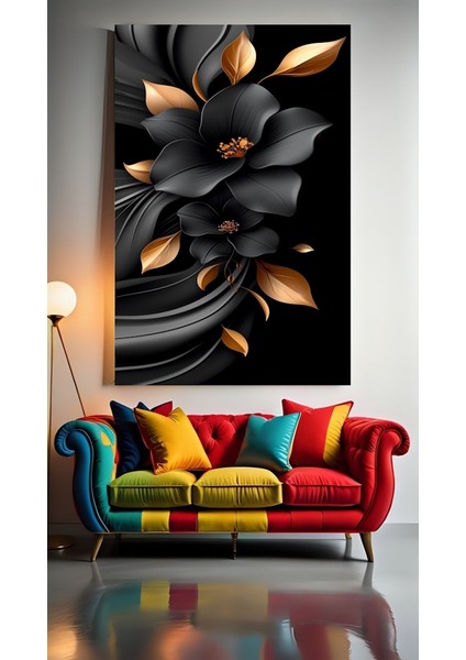 Siyah ve Altın Renkli Çiçekler V1 Ev Duvar Salon Güzellik Salonu Ofis Dükkan Dekarasyon Kanvas Tablo
