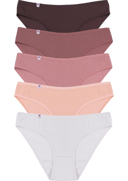 Kadın Külot 5 Li Pamuklu Etiket Detaylı Fitilli Ribana