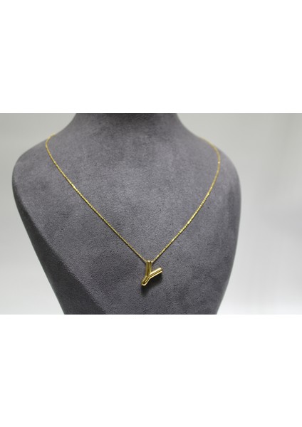 14 Ayar Gerçek Altın Y Harfi Kolye Ucu Zinciri