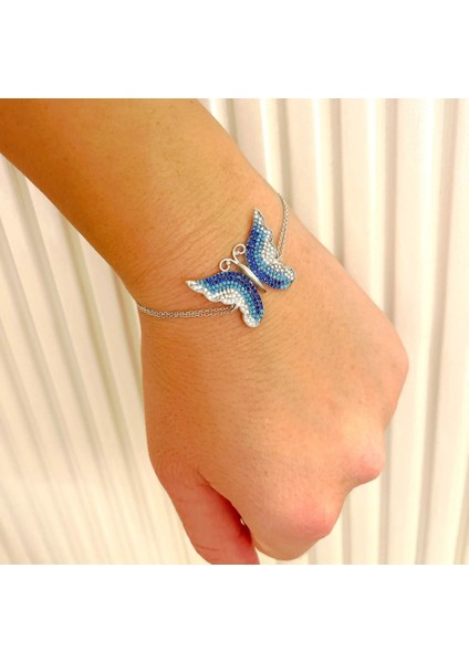 Büyük Mavi Gümüş Kelebek Bileklik